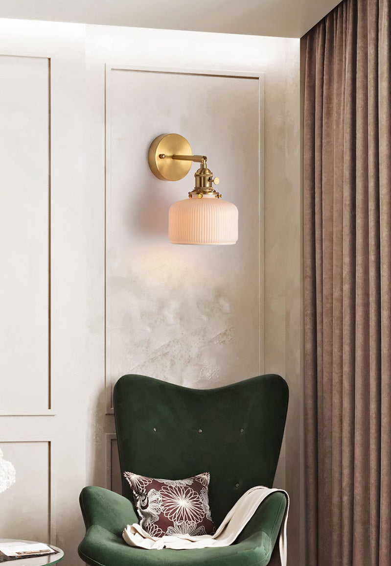 Art Deco White Short Cylinder Ribbed Ceramic Elbow Wall Light