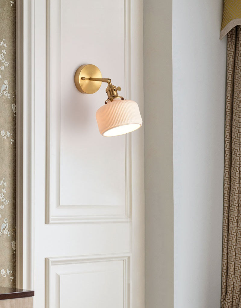 Art Deco White Short Cylinder Ribbed Ceramic Elbow Wall Light