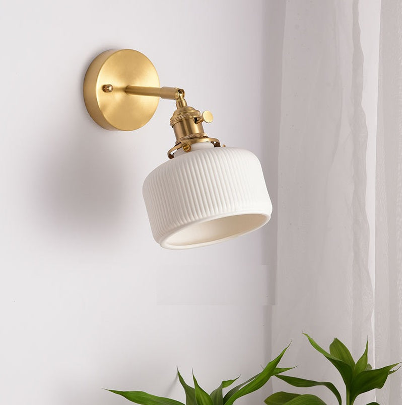 Art Deco White Short Cylinder Ribbed Ceramic Elbow Wall Light