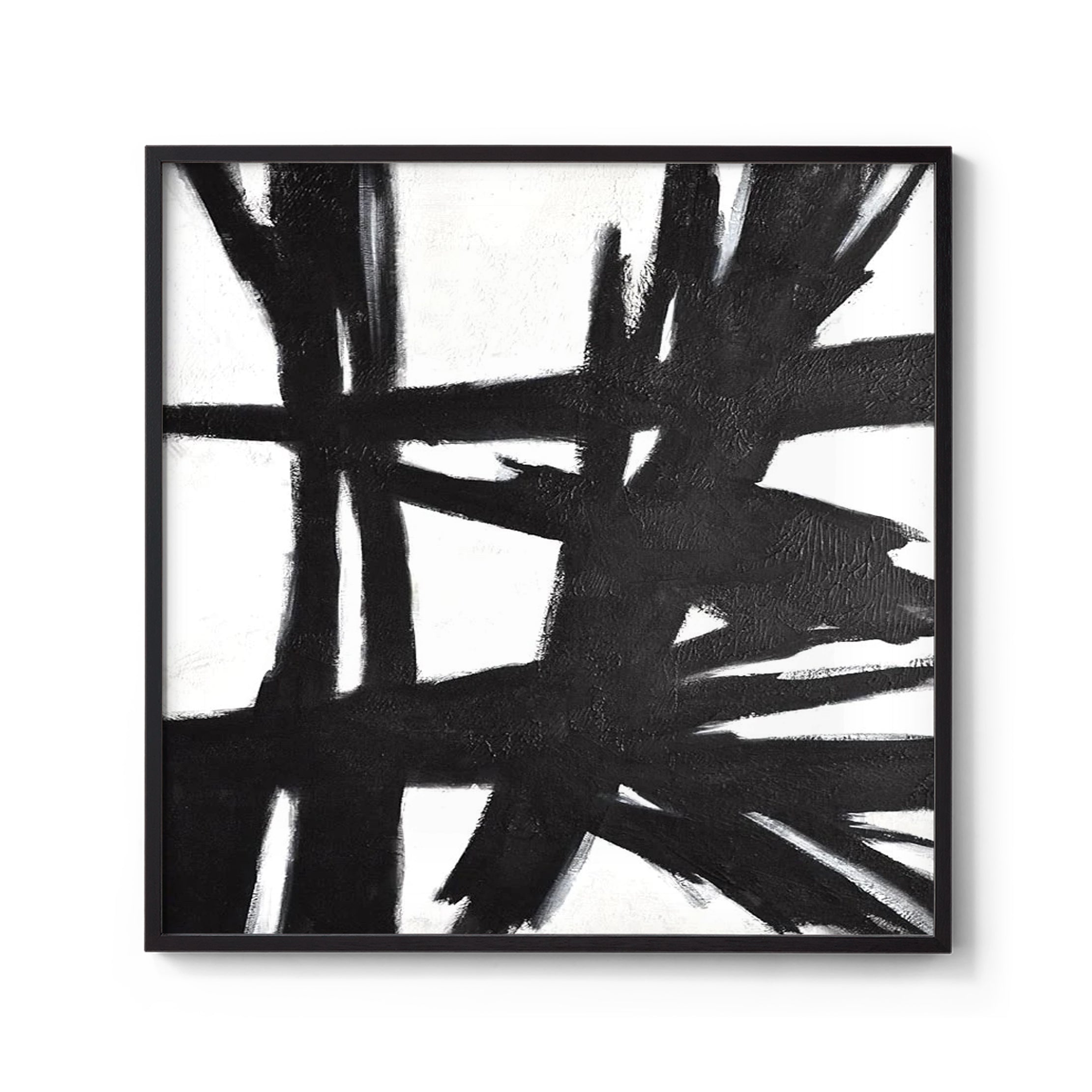 Modern Abstract Thick Black Brush Stroke Painting Wall Art on White Background