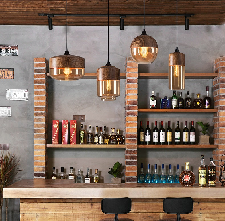 Nordic Wooden Ceiling Pendant Light with Tea Colored Glass Shade