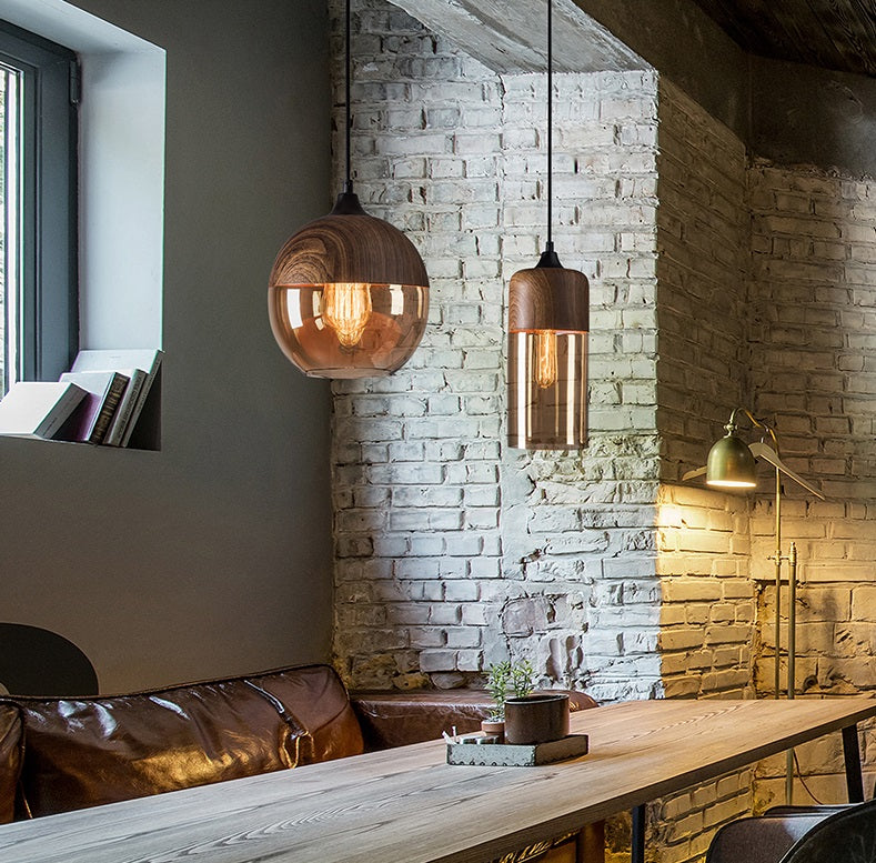 Nordic Wooden Ceiling Pendant Light with Tea Colored Glass Shade