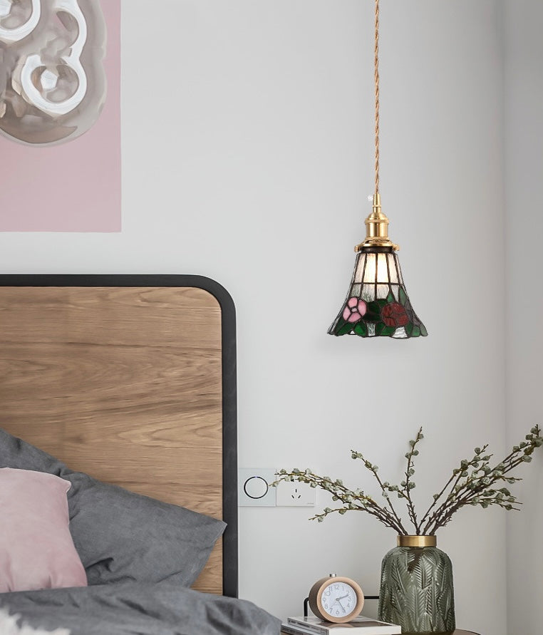Vintage Colorful Flowers Stained Glass Ceiling Pendant Light