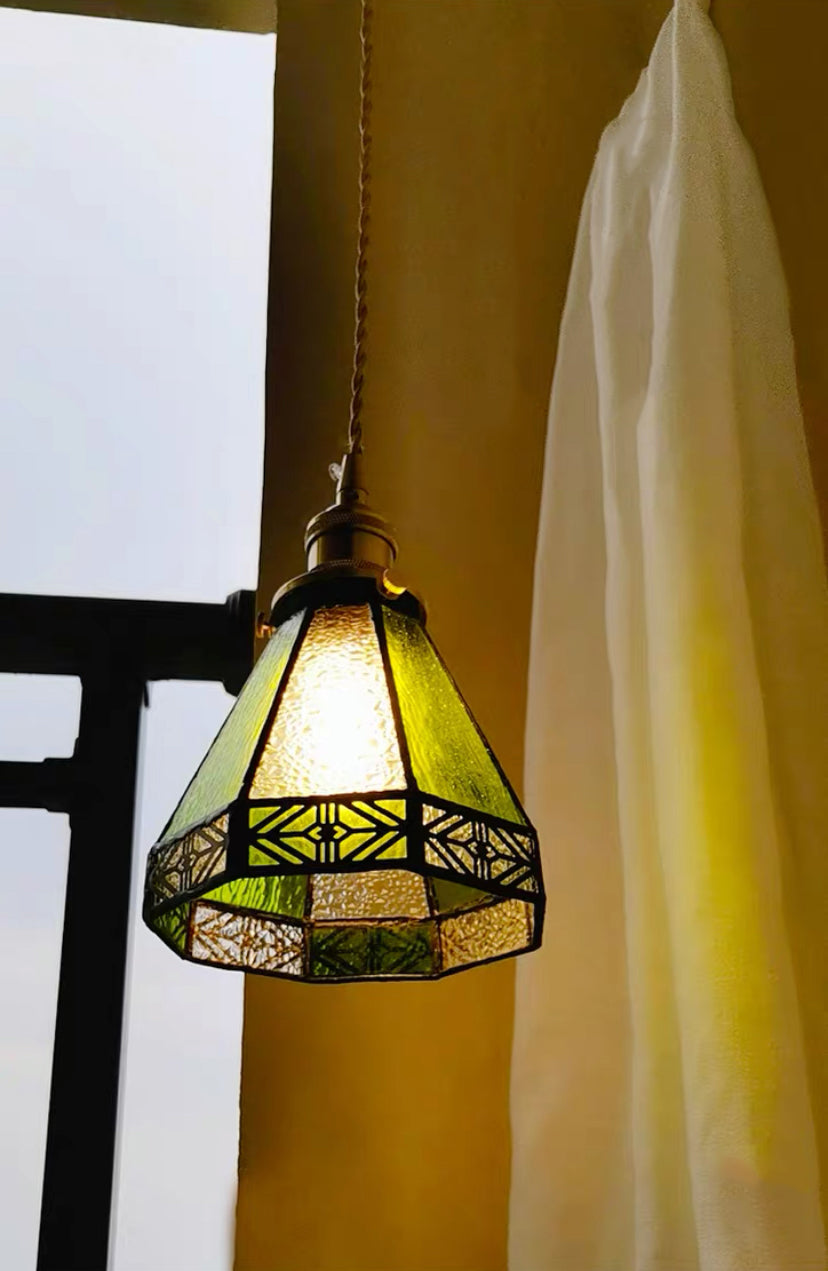 Vintage Green Striped Stained Bubbly Glass Ceiling Pendant Light
