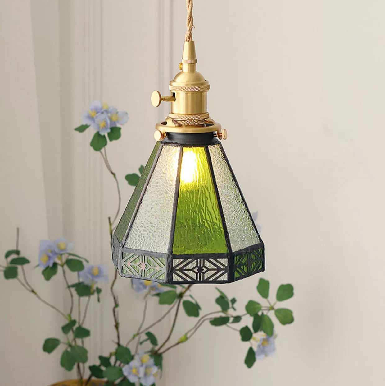 Vintage Green Striped Stained Bubbly Glass Ceiling Pendant Light