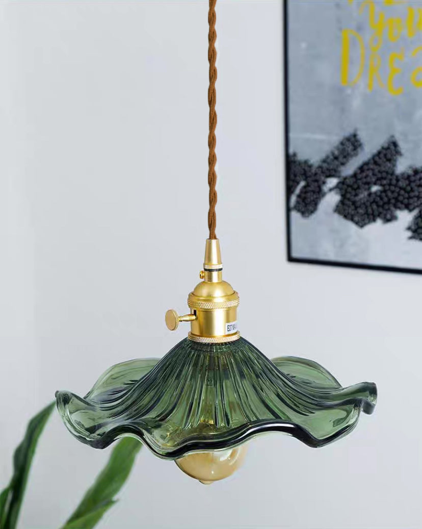 Vintage Green Hibiscus Flower Glass Ceiling Pendant Light
