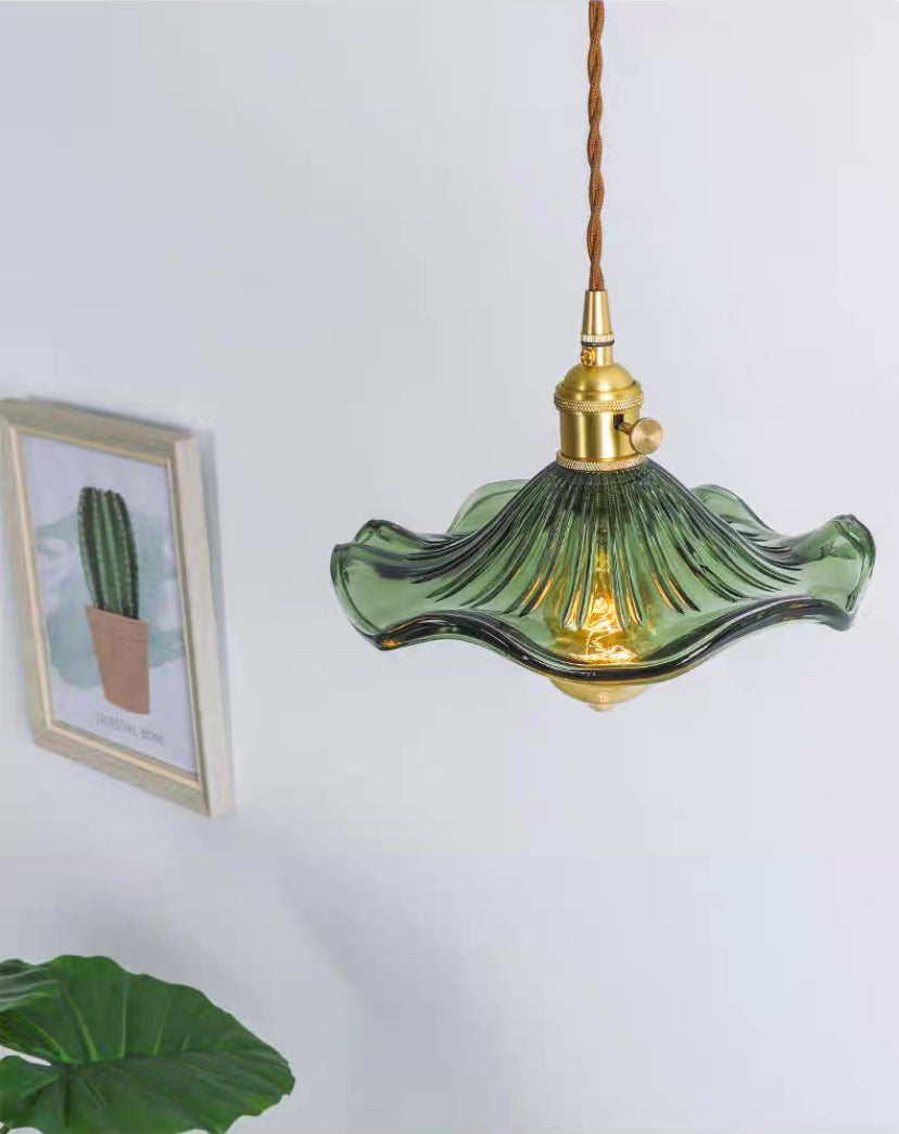 Vintage Green Hibiscus Flower Glass Ceiling Pendant Light