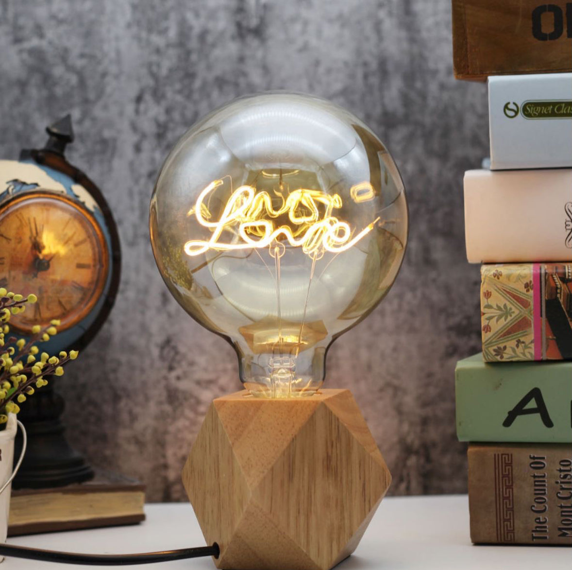 Vintage Industrial Large LED Edison Globe with Filament Text Love