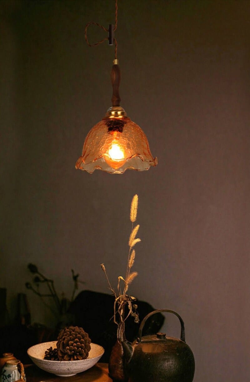 Vintage Brown Crackle Glass Ceiling Pendant Light in Tea Corner