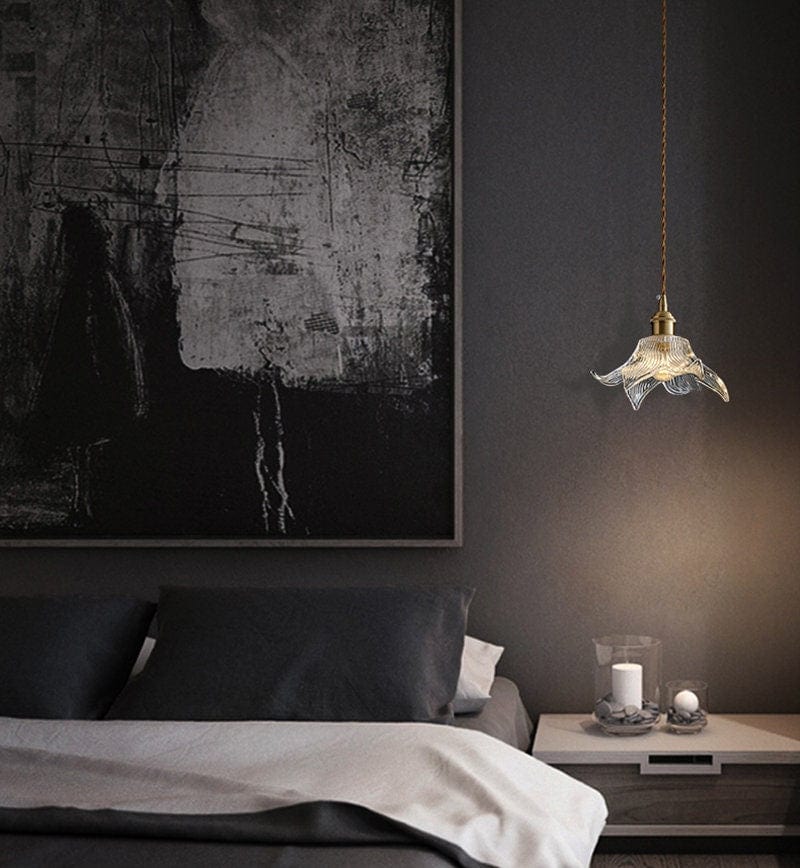 Vintage Lily Flower Fluted Glass Pendant Light_Industrial Bedroom