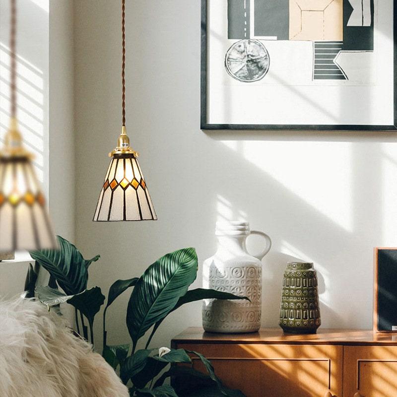Vintage Orange Diamond Stained Glass Pendant Light_Minimalist Living Room