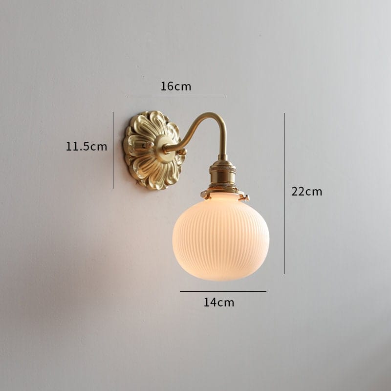 Vintage Ribbed Globe White Ceramic Wall Light with Carved Flower Fixture Dimensions