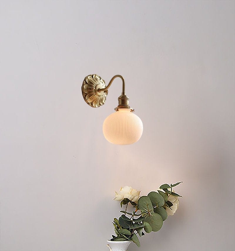 Vintage Ribbed Globe White Ceramic Wall Light with Carved Flower Fixture in Minimalist Living Room