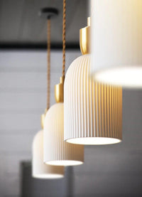 Ribbed Ceramic Pendant LED Light in Art Deco Style - Bulb Included
