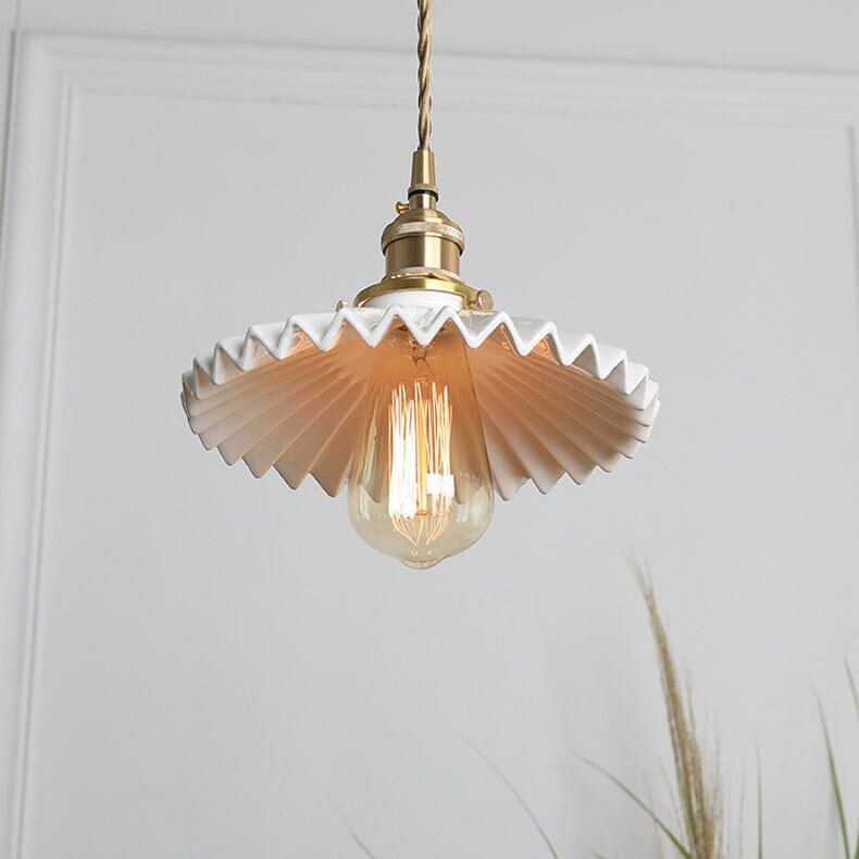 Glazed Ceramic Pendant LED Light in Pleated Tutu Shape - Bulb Included