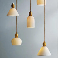 Ribbed Ceramic Pendant LED Light in Art Deco Style - Bulb Included