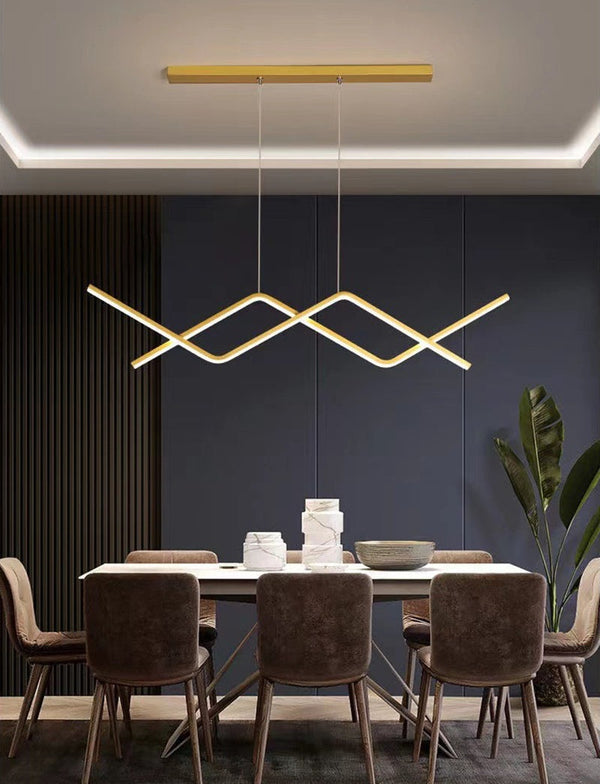 Zigzag Chandelier with Aluminum LED Lines in Scandinavian Style_Gold_in Nordic Dining Room