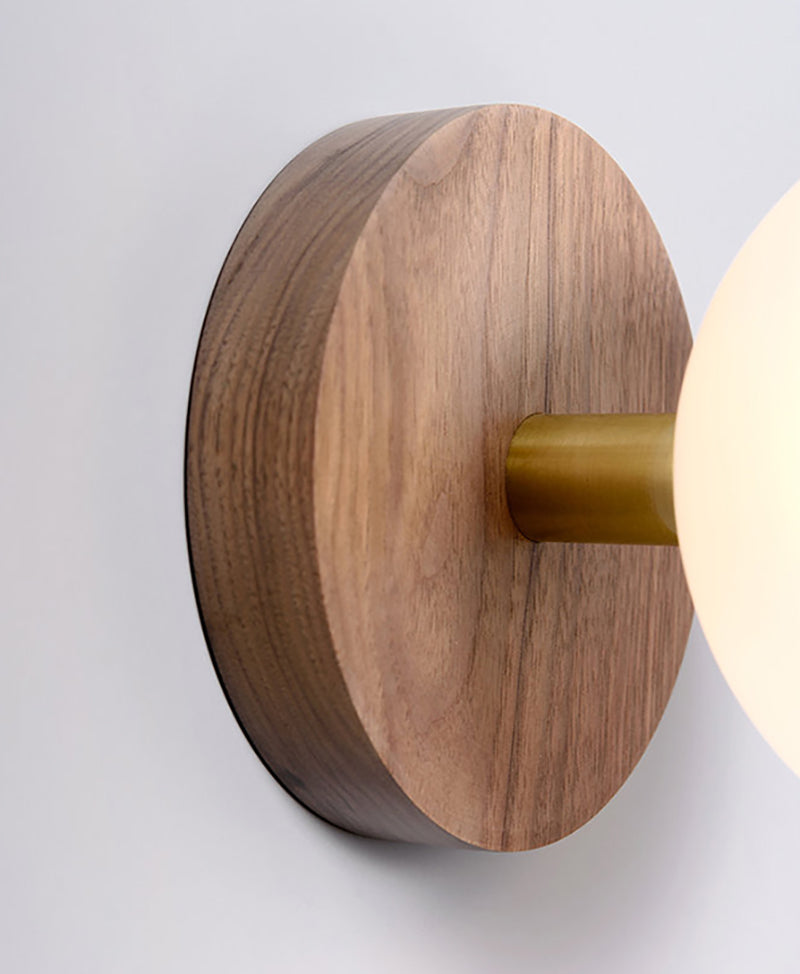 Globe LED Wall Light with Wood Lamp Fixture in Scandinavian Style_Walnut Base Closeup