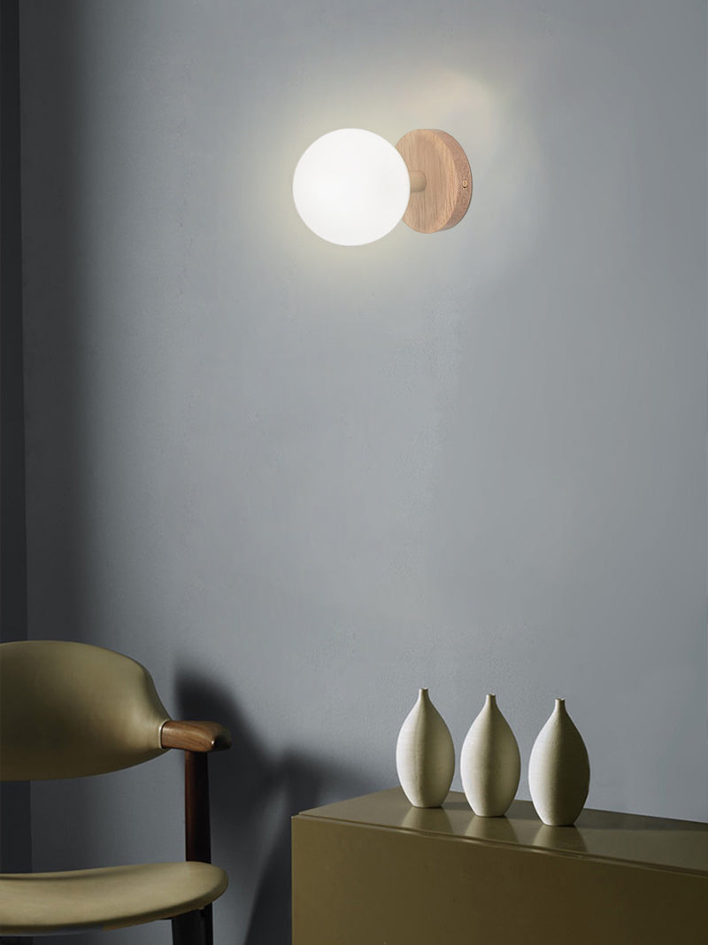 Globe LED Wall Light with Wood Lamp Fixture in Scandinavian Style Frosted Glass in Scandi Space