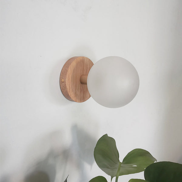 Globe LED Wall Light with Wood Lamp Fixture in Scandinavian Style_Frosted glass