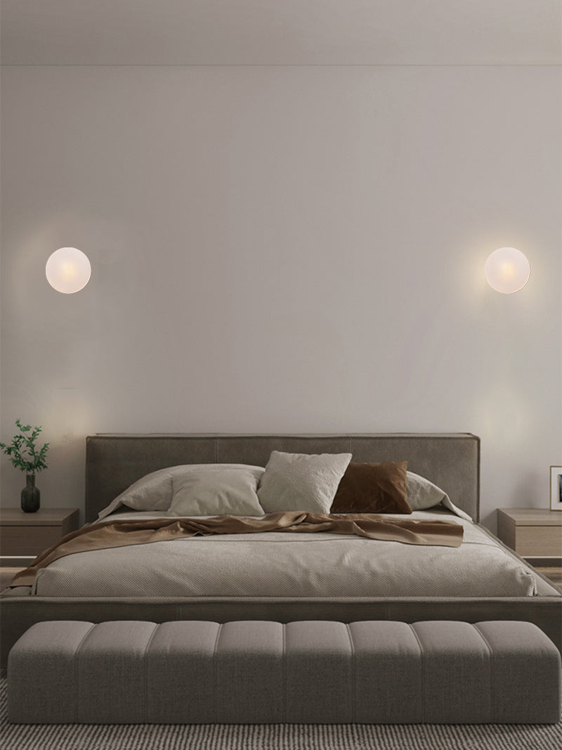 Globe LED Wall Light with Wood Lamp Fixture in Scandinavian Style in Scandi Bedroom