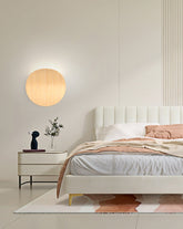 Japanese Curved Wooden Plate LED Wall Light Oak in Cozy Bedroom