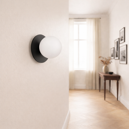 Mid-Century Modern Milky Glass Globe Wall Light with Golden Metal Disc Fixture