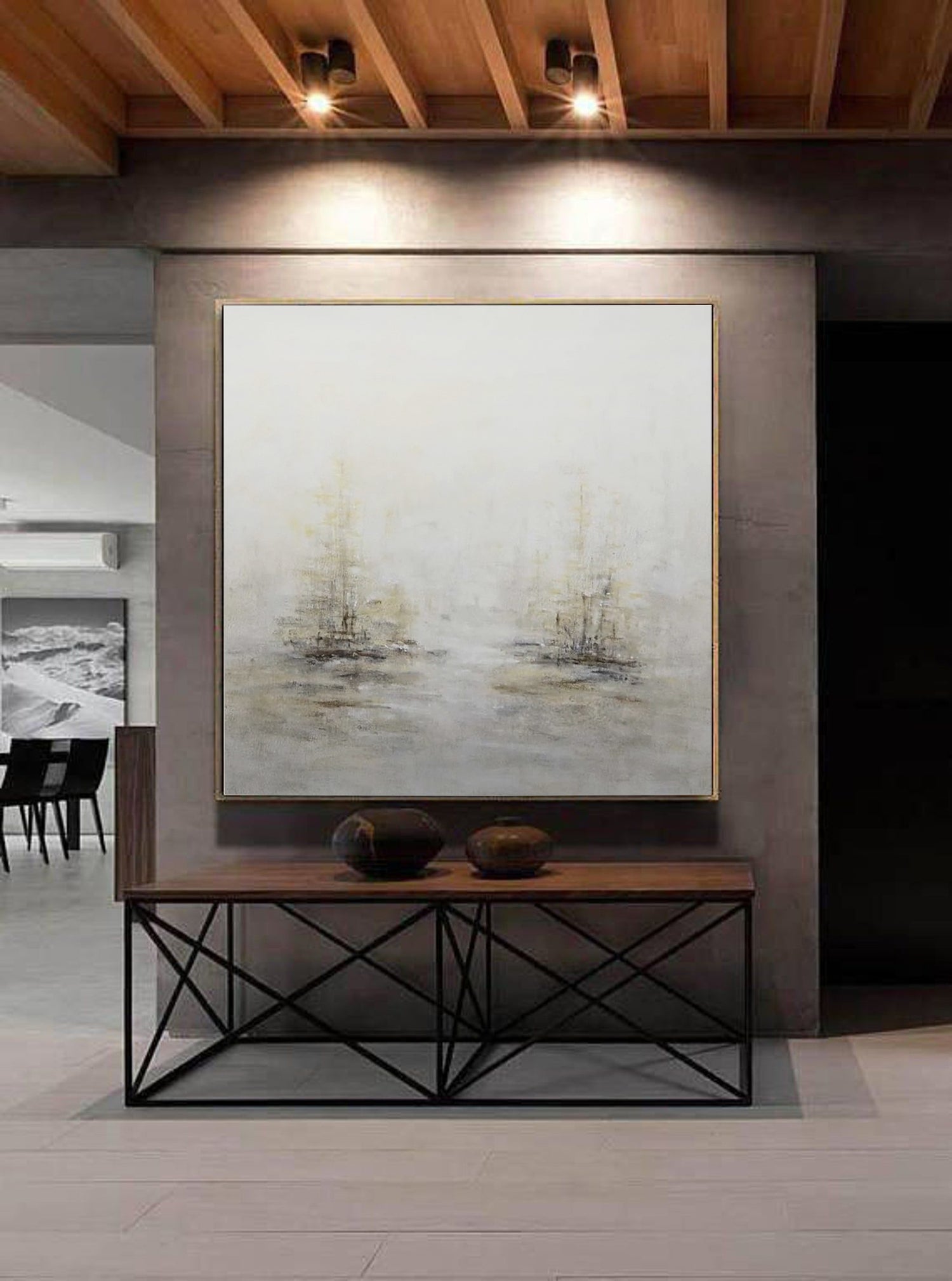 Minimalist Abstract Double Ships Painting Wall Art in Beige Gray and Black