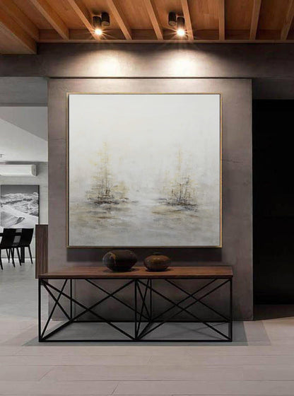 Minimalist Abstract Double Ships Painting Wall Art in Beige Gray and Black