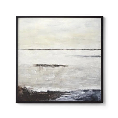 Minimalist Abstract Horizon Painting Wall Art in Beige Dark Blue and Black