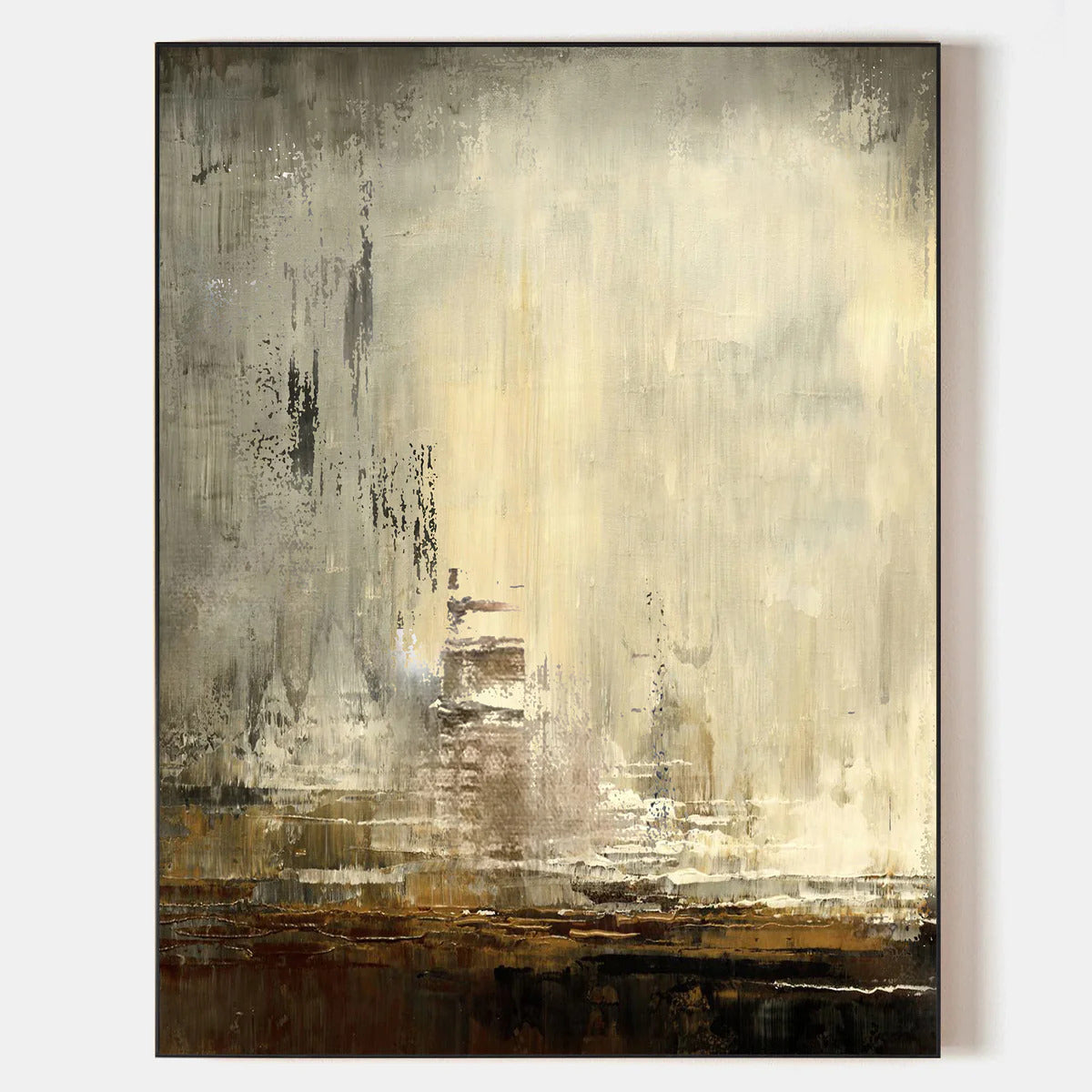 Modern Abstract Earth Tone Textured City Painting Wall Art in Beige and Brown