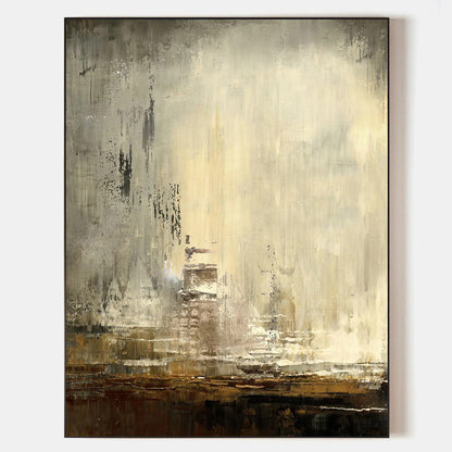 Modern Abstract Earth Tone Textured City Painting Wall Art in Beige and Brown