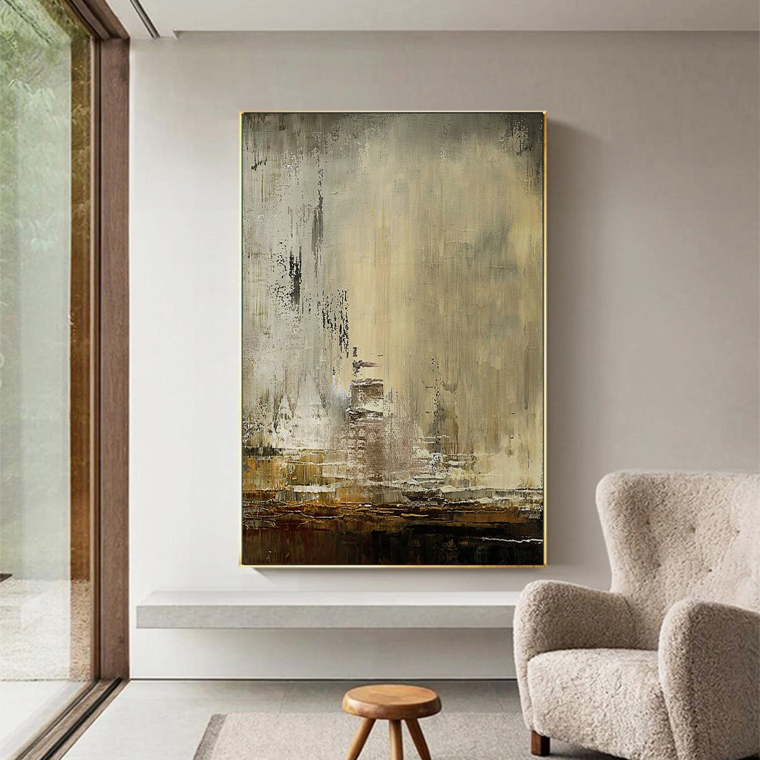 Modern Abstract Earth Tone Textured City Painting Wall Art in Beige and Brown