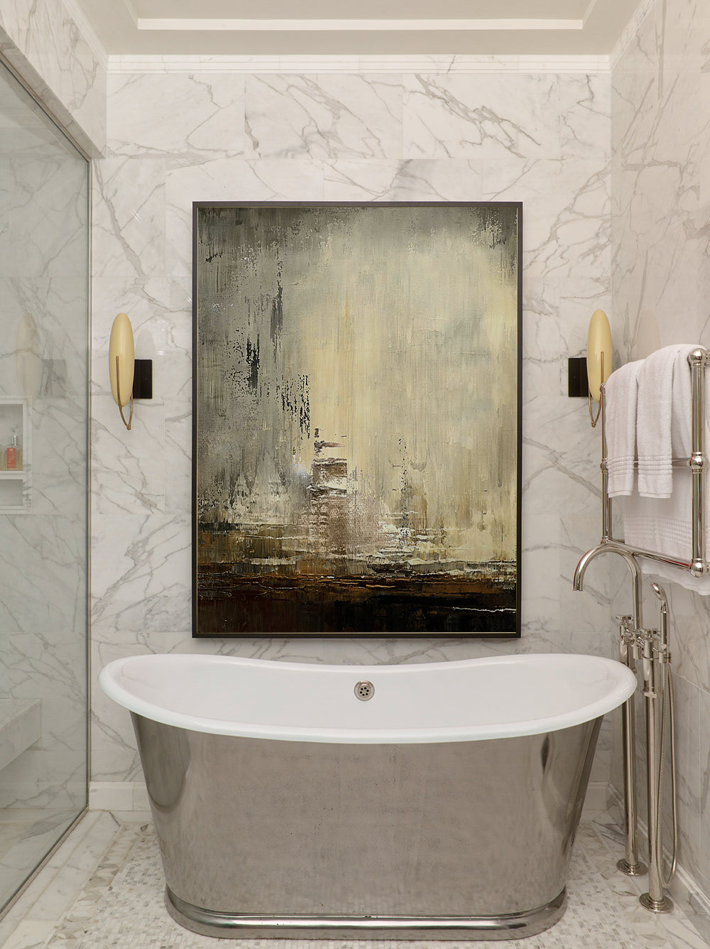 Modern Abstract Earth Tone Textured City Painting Wall Art in Beige and Brown