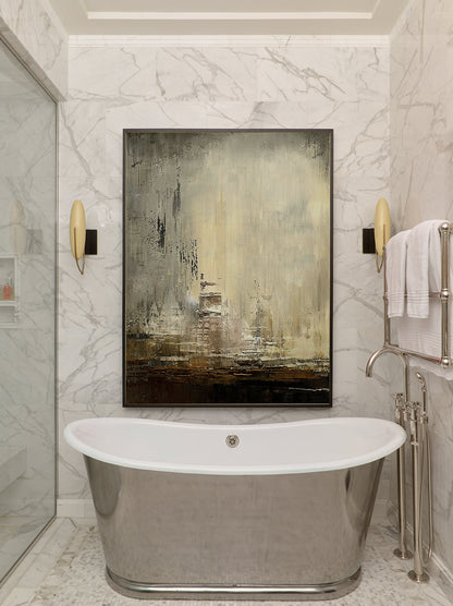 Modern Abstract Earth Tone Textured City Painting Wall Art in Beige and Brown