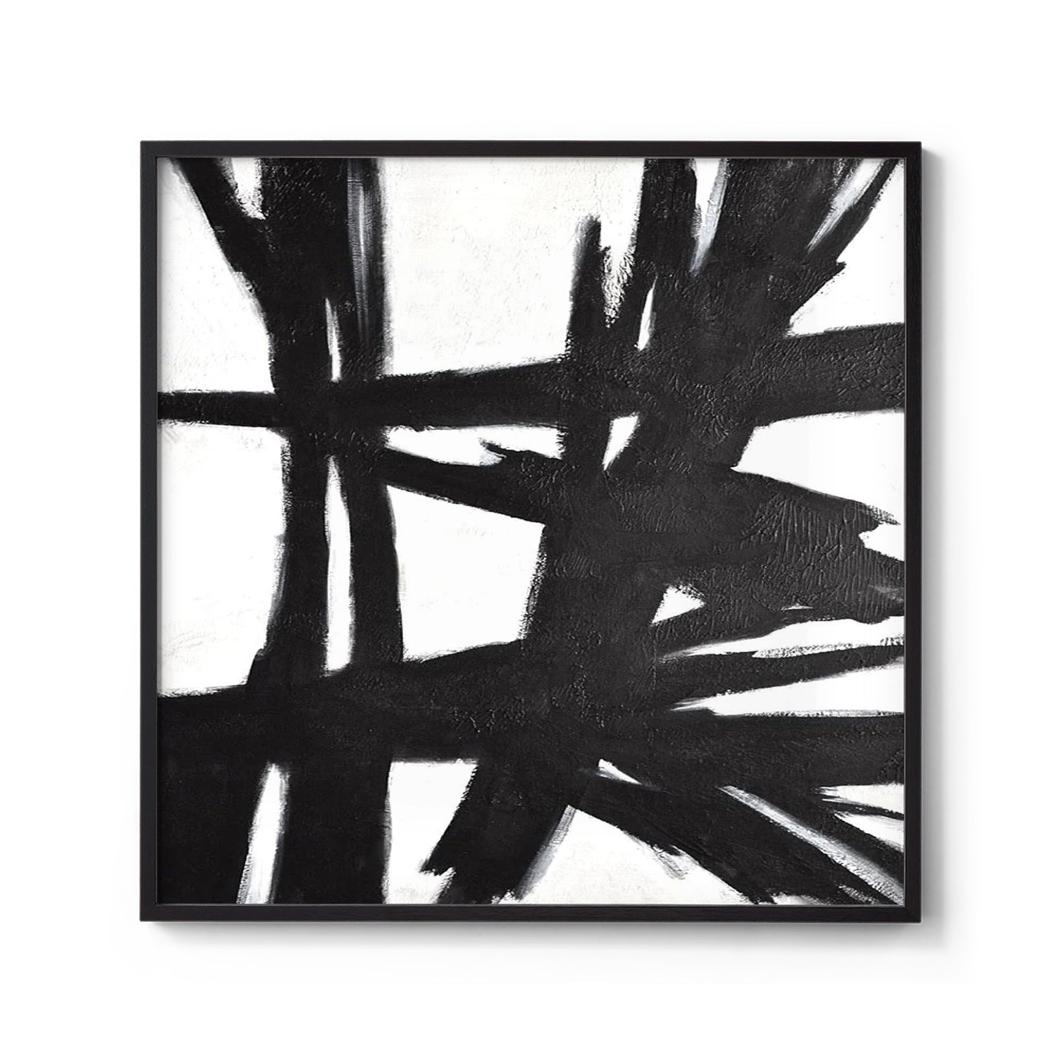 Modern Abstract Thick Black Brush Stroke Painting Wall Art on White Background