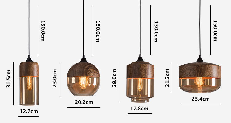 Nordic Wooden Ceiling Pendant Light with Tea Colored Glass Shade