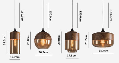 Nordic Wooden Ceiling Pendant Light with Tea Colored Glass Shade