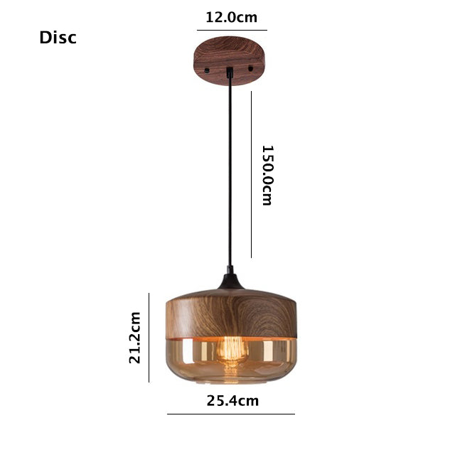 Nordic Wooden Ceiling Pendant Light with Tea Colored Glass Shade