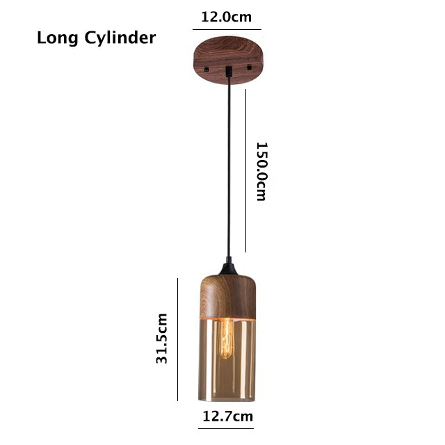 Nordic Wooden Ceiling Pendant Light with Tea Colored Glass Shade