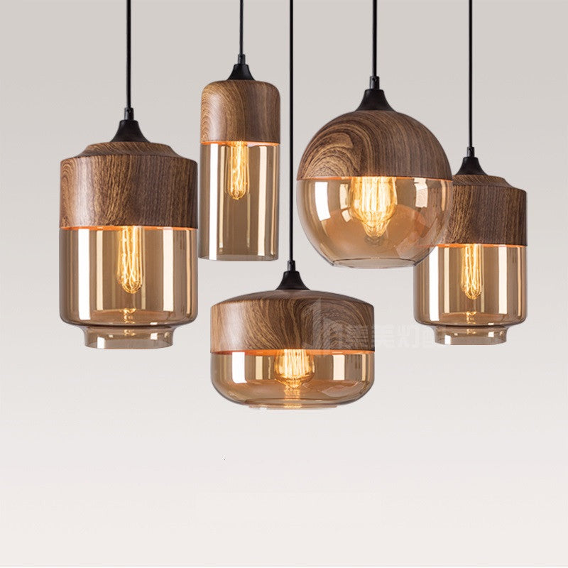 Nordic Wooden Ceiling Pendant Light with Tea Colored Glass Shade
