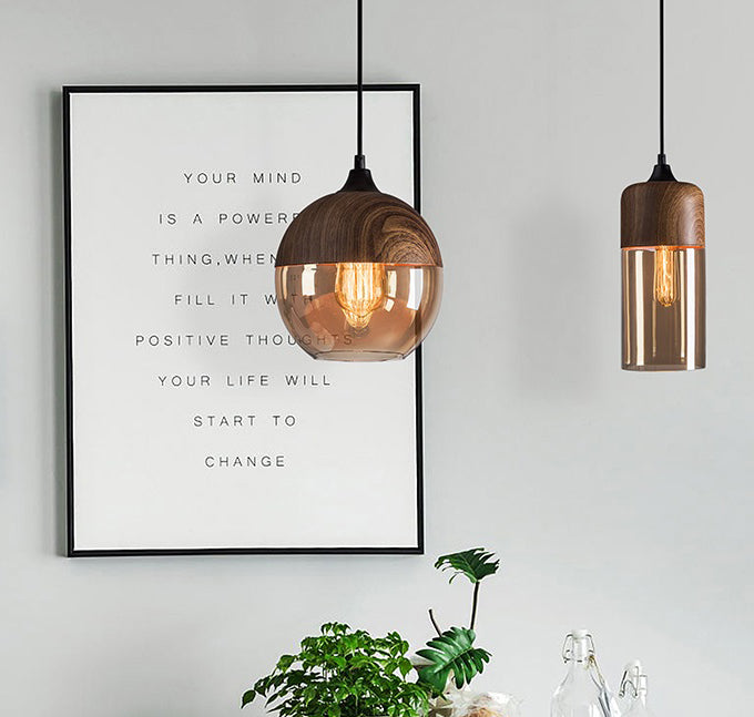 Nordic Wooden Ceiling Pendant Light with Tea Colored Glass Shade