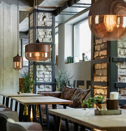 Nordic Wooden Ceiling Pendant Light with Tea Colored Glass Shade