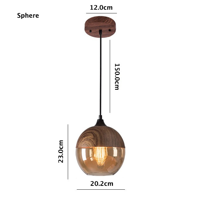 Nordic Wooden Ceiling Pendant Light with Tea Colored Glass Shade