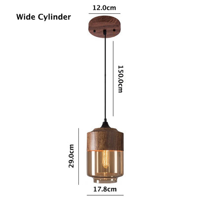 Nordic Wooden Ceiling Pendant Light with Tea Colored Glass Shade