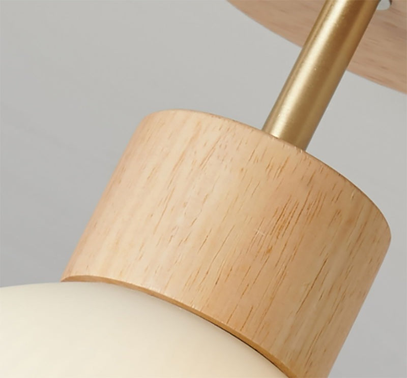 Ribbed Ceramic Cup LED Flush Mount Ceiling Light with Wooden Fixture in Scandinavian Style_Handle Close up