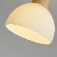 Ribbed Ceramic Cup LED Flush Mount Ceiling Light with Wooden Fixture in Scandinavian Style_Lampshade Close up