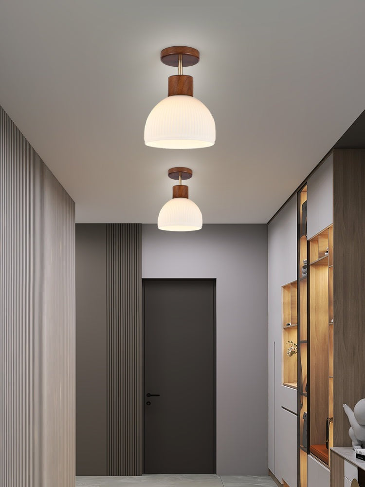 Ribbed Ceramic Cup LED Flush Mount Ceiling Light with Wooden Fixture in Scandinavian Style_Walnut_in Modern Hallway