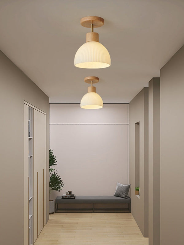 Ribbed Ceramic Cup LED Flush Mount Ceiling Light with Wooden Fixture in Scandinavian Style_Oak_in Cozy Hallway
