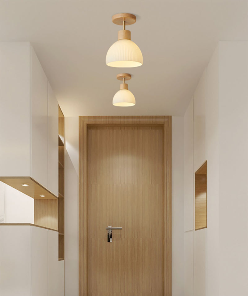 Ribbed Ceramic Cup LED Flush Mount Ceiling Light with Wooden Fixture in Scandinavian Style_Oak_in Minimalist Hallway
